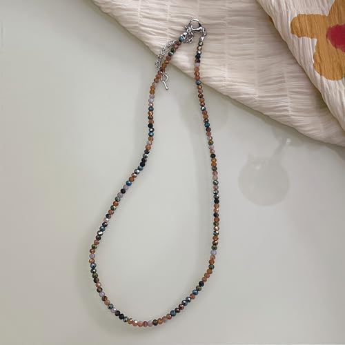 Dainty Colorful Crystal Beaded Chain Adjustable Lightweight Choker Necklace Handmade Bohemian Shiny 3mm Rice Stone Beads Necklace Boho Summer Beach Jewelry for Women - color: mix 3