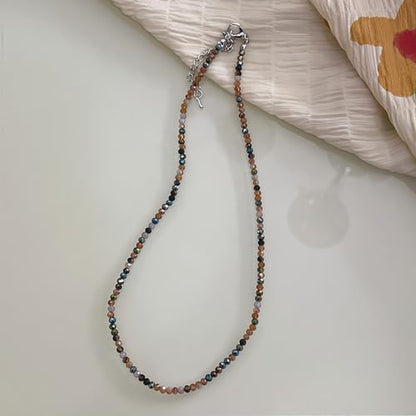 Dainty Colorful Crystal Beaded Chain Adjustable Lightweight Choker Necklace Handmade Bohemian Shiny 3mm Rice Stone Beads Necklace Boho Summer Beach Jewelry for Women - color: mix 3