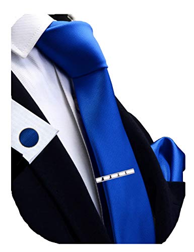 GUSLESON New 3.15"（8cm） Solid Color Necktie and Pocket Square Cufflinks Clip Set - color: Blue