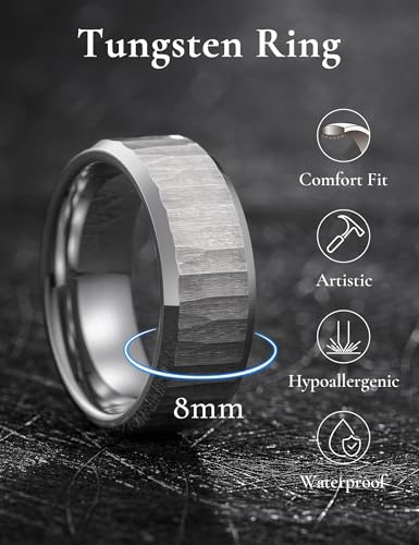 King Will 8mm Mens Hammered Tungsten Rings Matte Brushed Finish | Beveled Edge, Comfort Fit, Durable, Everyday Wear - color: Silver