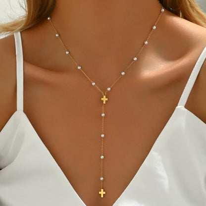 18K Gold Plated Minimalist Drop Y-Shaped Necklace for Women | Simple Lariat Necklace, Minimalist Everyday Jewelry,Y-Shaped Necklace - style: Y Pearl Cross-Gold