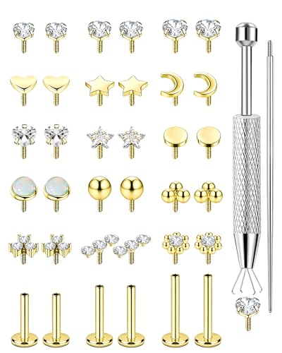 ONESING Flat Back Stud Earrings for Women 14K Gold/Silver Plated Surgical Steel Internally Threaded Studs Piercing for NoseLabret Tragus Conch Cartilage 16G/18G/20G Flatback Nose Stud Lip Medusa Piercing Jewelry - color: Gold, size: 18G-Bar Length 6mm/8mm