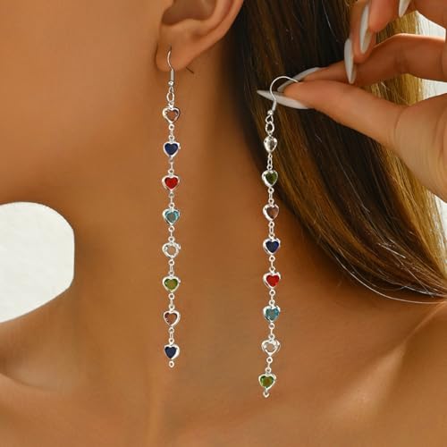 Sparkly Crystal Heart Long Chain Drop Earrings For Women Colorful Love Heart Tassel Statement Dangle Earrings Birthday Prom Jewelry Gifts - color: Silver