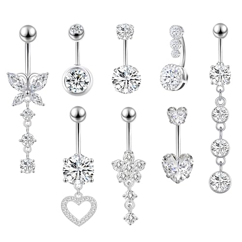 LEE&RO Belly Button Ring Dangle Piercing - 14G Surgical Steel Cute Navel Ring - color: silver