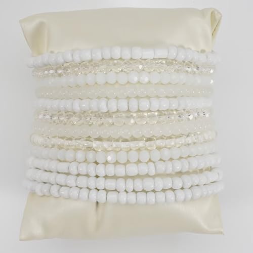 Bohemian Multilayer Beaded Stackable Stretch Bracelets for Women Colorful Crystal Glass Resin Seed Beads Elastic Wristbands BFF Friendship Summer Beach Hawaii Jewelry - color: White