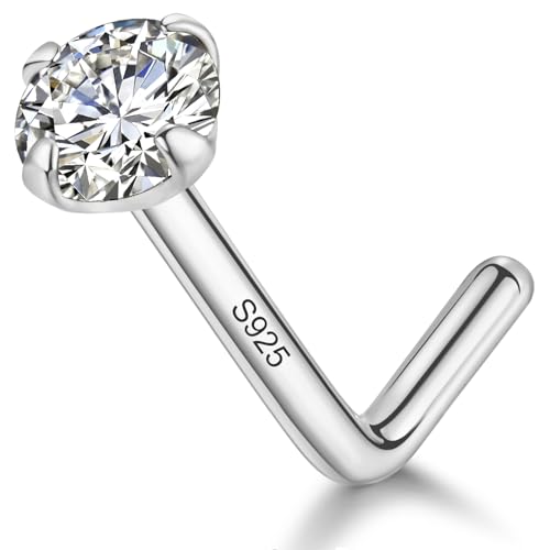 LUCKYJEWUS 925 Sterling Silver Nose Rings Studs for Women Men, 18G / 20G / 22G / 24G L Shaped Nose Stud Nose Piercing Jewelry - size: 2mm CZ, 18 gauge