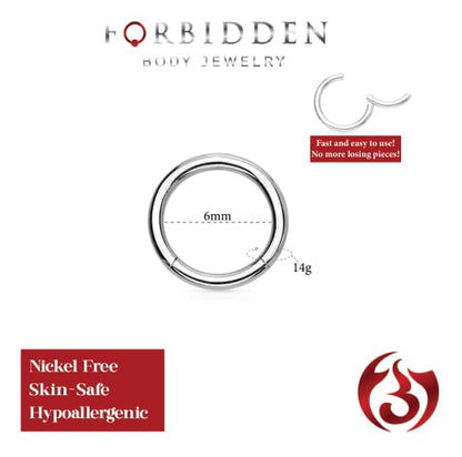 Forbidden Body Jewelry 316L Surgical Steel Hinged Seamless Nose Rings Hoop 14G 16G 18G, Diameter 6mm 8mm 10mm 12mm, Gold/Rose Gold/Silver/Black/Rainbow Colors. - style: 14g 6mm - Silver