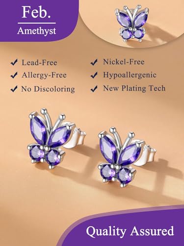 Suplight Butterfly Stud Earrings 925 Sterling Silver 14K Gold Brithstone Earrings for Women Brithstone Jewelry Gifts - color: 02.February ( Amethyst), size: Silver