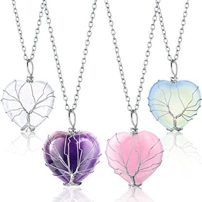 Sureio 4 Pcs Tree Life Healing Crystal Necklace Heart Shape Pendant Rose Quarts Necklace Energy Gemstone Pendant for Woman Valentine Mothers Day