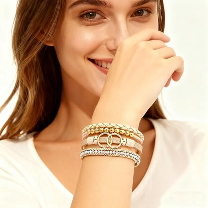 Leather Wrap Bracelets for Women, Boho Leopard Multi-Layer Crystal Beads Cuff Jewelry - color: J-Warp-008