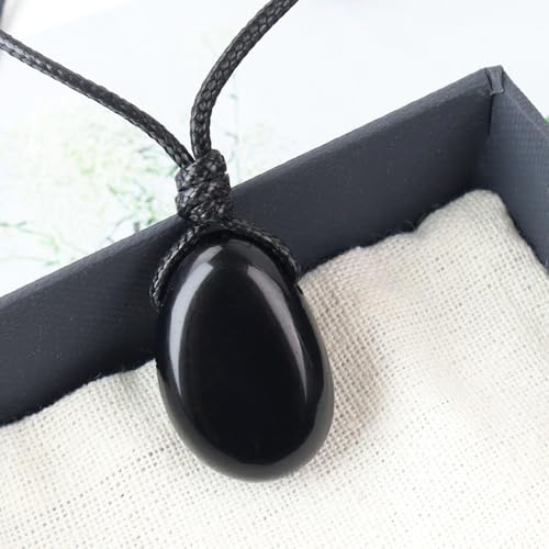 Natural Gemstone Pendant Necklace Healing Crystal Stone Choker Necklace Adjustable Waxed Black Rope for Men - color: Black Obsidian