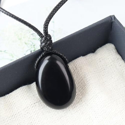 Natural Gemstone Pendant Necklace Healing Crystal Stone Choker Necklace Adjustable Waxed Black Rope for Men - color: Black Obsidian