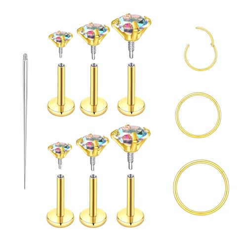 16G 18G Surgical Steel Internal Thread Stud Piercing Jewelry Set Nose Medusa Lip Labret Stud Hypoallergenic Clicker Hoop Septum Rings Cartilage Tragus Helix Conch Earrings for Women Men - color: 18G-6mm-gold