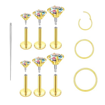 16G 18G Surgical Steel Internal Thread Stud Piercing Jewelry Set Nose Medusa Lip Labret Stud Hypoallergenic Clicker Hoop Septum Rings Cartilage Tragus Helix Conch Earrings for Women Men - color: 18G-8mm-gold