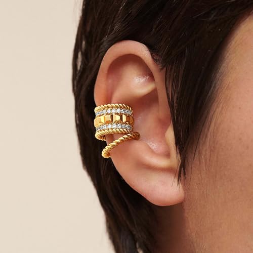 MEVECCO Ear Cuffs Non Piercing 18K Gold Plated Ear Cuff Earring Sets Clip on Cartilage Cubic Zirconia Pearl Minimalist Hypoallergenic Fake Hoop Earrings Stack Women Gifts - style: 2pcs-Wide