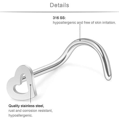 SCERRING 20G 18PCS Stainless Steel Heart Bone L Shaped Screw Nose Stud Rings Piercing Jewelry 2mm Cubic Zirconia - style: 18PCS - Screw