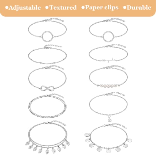 12pcs Gold/Silver Ankle Bracelets for Women Layered Waterproof 14k Cuban Link Chain Anklets Set Adjustable Dainty Summer Beach Gold Accessories Boho Bracelet Jewelry - style: 10PCS Style E
