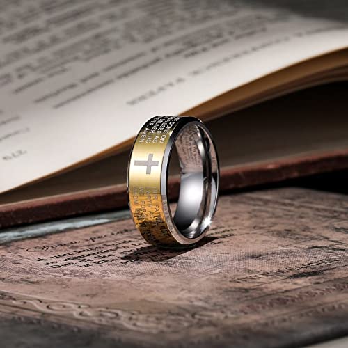 King Will Stainless Steel Men Ring Lord's Prayer Cross Ring Stainless Steel Men Wedding Ring, Wedding Band Bible Engraved Rings High Polished, Comfort Fit | 8mm, Gold/Silver/Black Wedding Band, Bible Engraved Rings, High Polished, Comfort Fit, Size 7-14 -