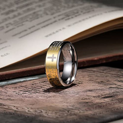 King Will Stainless Steel Men Ring Lord's Prayer Cross Ring Stainless Steel Men Wedding Ring, Wedding Band Bible Engraved Rings High Polished, Comfort Fit | 8mm, Gold/Silver/Black Wedding Band, Bible Engraved Rings, High Polished, Comfort Fit, Size 7-14 -