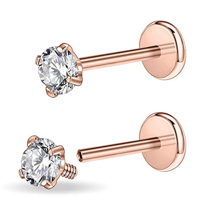 PunkTracker 16g/18g Surgical Steel Internal Thread CZ Stud Piercing Jewelry | for Tragus/Nose/Helix/Conch/Medusa/Lip/Labret - Helix Tragus Cartilage Earring for Women Men 2PCS - style: rose gold, 16g, 6mm bar, 5mm gem