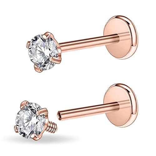PunkTracker 16g/18g Surgical Steel Internal Thread CZ Stud Piercing Jewelry | for Tragus/Nose/Helix/Conch/Medusa/Lip/Labret - Helix Tragus Cartilage Earring for Women Men 2PCS - style: rose gold, 16g, 6mm bar, 6mm gem