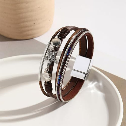 VIBILIA Boho Leather Wrap Bracelets for Women Multi-Layer Bracelets | With Strong Clasp Jewelry for Women - color: 04-ShellStarfish-Coffee