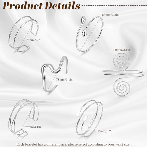 6 Pieces Upper Arm Cuff Arm Band Cuff Bangle Bracelet for Women Hammered Chunky Bracelets Open Wide Wire Bracelets Minimalist Coil Bangle Set Gold Sliver Wrist Cuff Wrap Bracelet Adjustable - color: Silver Cuff Bracelets C