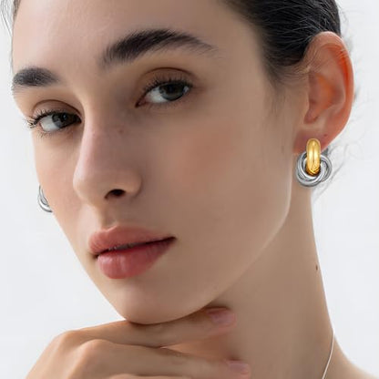 Gold Geometric Clip On Earrings for Women Chunky Gold Knot Link Clip Earrings Trendy Jewelry - color: Two Tone-B