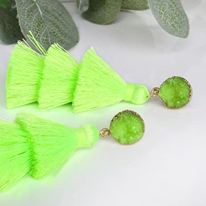 Me&Hz Colorful Layered Tassel Earrings Bohemian Statement Tiered Tassel Big Dangle Drop Earrings for Women Druzy Studs Valentine’s Day Gift - color: Fluogreen