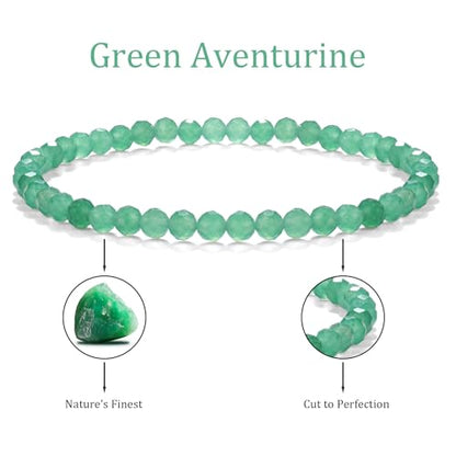Natural Faceted Crystal Bracelet for Women,4mm Gemstone Round Beads Bracelets Adjustable Stretchy Healing Crystal Beads Bracelets Dainty Jewelry Gift - color: Green Aventurine