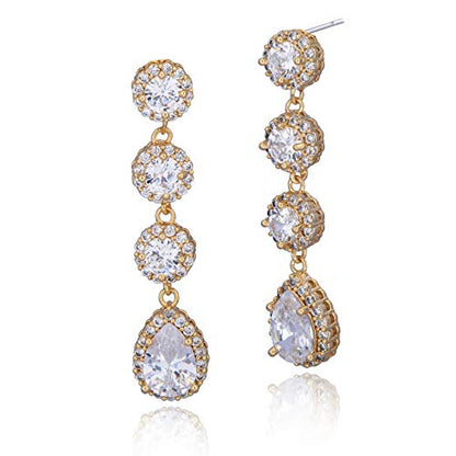 Women's Cubic Zirconia Bridal Earrings - Elegant Long Wedding Party Prom Earring for Bride Bridesmaids Crystal CZ Rhinestone Chandelier Statement Dangle Drop Earrings for girls - color: Clear-yellow gold