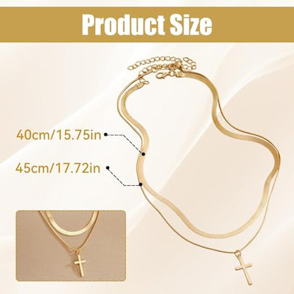 Double Layered Cross Necklace for Women Men, Herringbone Snake Chain and Box Chain Stack, Dainty Minimalist Pendant Jewelry for Daily Wear Celebration Events