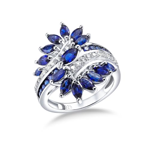 Statement Flower Ring Cocktail Leaf Ring Birthstone Anniversary Signet Ring | Hypoallergenic|14K Gold Plated|Sterling Silver Sparkling Engagement Promise Party Ring for Women, Size 6 to 10(With Box) - color: Leaf - Sapphire