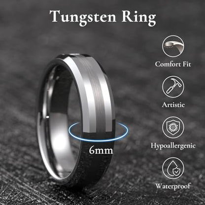 King Will Classic Tungsten Carbide Ring Brushed Two Grooved Center Hammered Design Mens Wedding Band for Men | Black/Silver/Gold, 8mm, Men's Wedding Band, Grooved, Comfort Fit, Everyday Wear - color: A-Silver 6mm