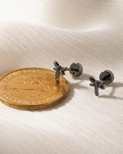 Flat Back Earrings for Women Cartilage Helix | Comfortable Dainty Cute Dragon Bee Bird Phoenix Dragonfly Cute Animal Leaf Spiral Rhombus Design Flatback Stud Earrings - color: Black Dragonfly