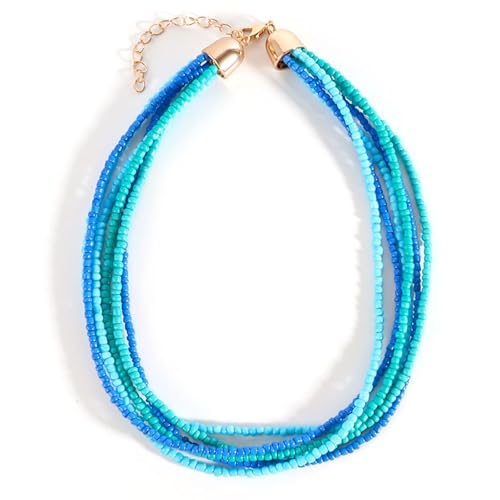 Handmade Colorful Multi-layered Multi Strand Seed Beaded Stackable Bohemian Braided Choker Necklaces for Women Summer Hawaiian Beach Holiday Boho Statement Jewelry - color: blue