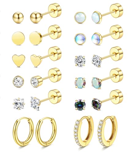 LOLIAS Hypoallergenic Flat Back Earrings for Women-Surgical Steel Earrings for Sensitive Ears 20G Stainless Steel Earring Stacks Small Flatback Stud Hoop Cartilage Earring - color: 14K Gold Plated