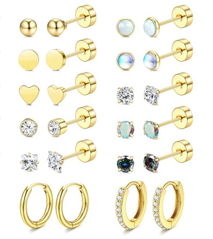 LOLIAS Hypoallergenic Flat Back Earrings for Women-Surgical Steel Earrings for Sensitive Ears 20G Stainless Steel Earring Stacks Small Flatback Stud Hoop Cartilage Earring - color: 14K Gold Plated