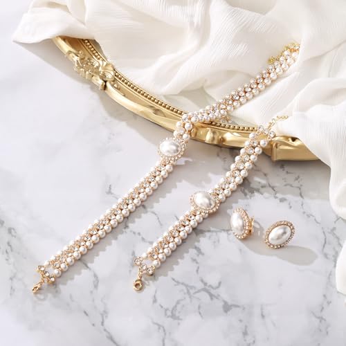 BriLove 1920s Costume Jewelry Set for Women,Vintage Multilayer Simulated Pearl Crystal Necklace Bracelet Earrings Cosplay Party Accessories - style: Clip-On