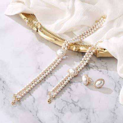BriLove 1920s Costume Jewelry Set for Women,Vintage Multilayer Simulated Pearl Crystal Necklace Bracelet Earrings Cosplay Party Accessories - style: Clip-On