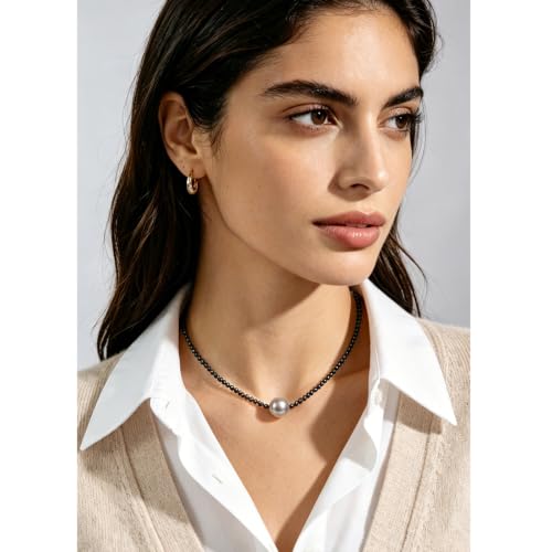 Single Pearl Choker Pendant Necklaces for Women, Natural Gemstone Womens Black Stone Beaded Choker Necklace, Dainty Round Freshwater Pearl Handmade Jewelry Gift Women Birthday Bridesmaids Anniversary 16 18 inch - color: 04-grey, size: 16"