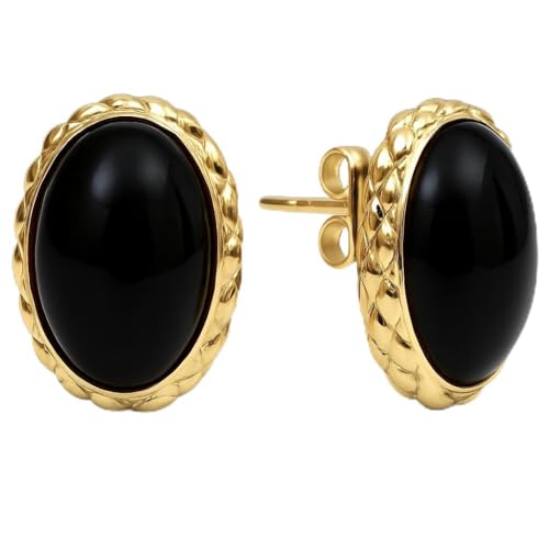 Gempires Bold Oval Gemstone Stud Earrings for Women – Natural Healing Stone Jewelry 14K Gold-Plated Hypoallergenic Tarnish-Resistant – Bold Statement Studs Gift for Her - style: Black Onyx