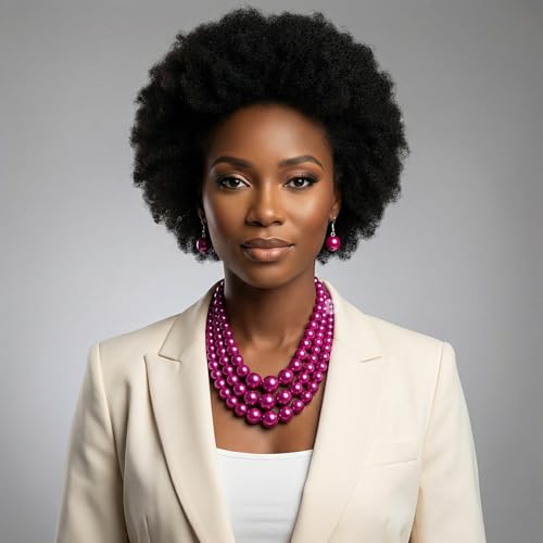 Simulated Pearl Necklace & Earring Set, Multi Strand - color: Fuchsia