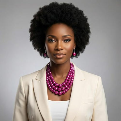 Simulated Pearl Necklace & Earring Set, Multi Strand - color: Fuchsia
