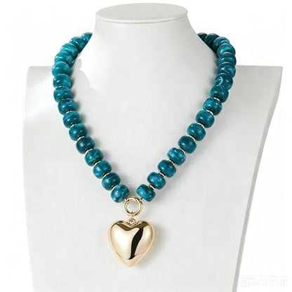 Chunky Heart Necklaces for Women Colorful Resin Beaded Necklaces for Women Gold Puffy Heart Statement Necklace Trendy Acrylic Choker Jewelry Gift - color: B-Lake Blue