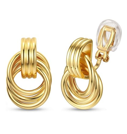 ORAZIO Clip On Earrings Women Geometric Statement Unique Non Pierced Earrings 14K Gold Plated Knot Chunky Drop Dangle Hoop Stud Clip-on Earrings for Women Trendy - color: Style C-Gold Plated