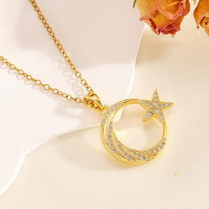 Dtja Round CZ Moon Star Pendant Necklace for Women 14K Gold Plated Stainless Steel Dainty Crystal Crescent Celestial Charms Adjustable Chain Choker Necklaces Cute Birthday Holiday Jewelry Gift 18"