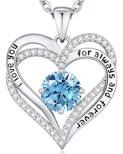 CDE Engraved Forever Love Heart Birthstone Necklace Jewelry Gifts for Women | Hypoallergenic,Nickel-Free & Lead-Free,3 x 3 mm 5A CZ Heart Pendant,Anniversary Christmas Birthday Gift for Girlfriend Wife - color: 03-Mar-WG, style: White Gold Plated