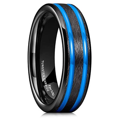 King Will Mens Tungsten Rings for Men Two Tone Grooved Mens Wedding Band Cool - color: Black & Blue Two Groove 6mm