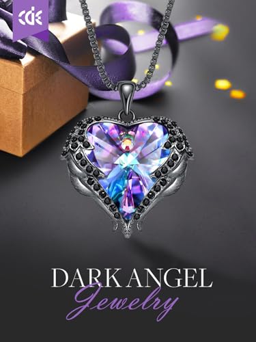 CDE Angel Wings Heart Birthstone Pendant Necklace Gift for Women | Silver/Gold Tone,Ideal Birthday & Anniversary Jewelry Gift for Wife,Girlfriend,Her - color: Black-02-Feb-Amethsy Purple Birthstone